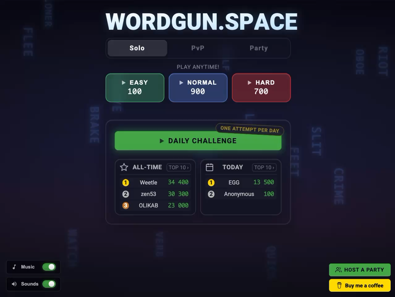 WORDGUN.SPACE hovedmeny